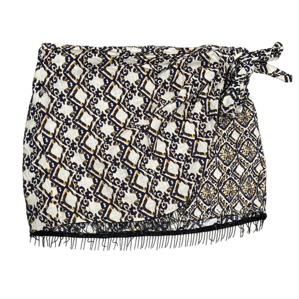 Zara Skirt Womens L Cotton Wrap Mini Beaded Fringe Bohemian Ethic Resort Artisan